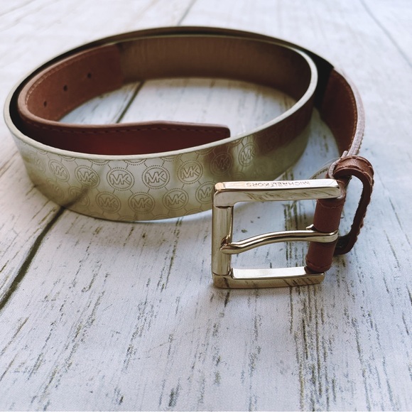 MICHAEL Michael Kors Accessories - Micheal Kors Women’s Gold & Brown Metallic Faux Leather Logo Printed Belt